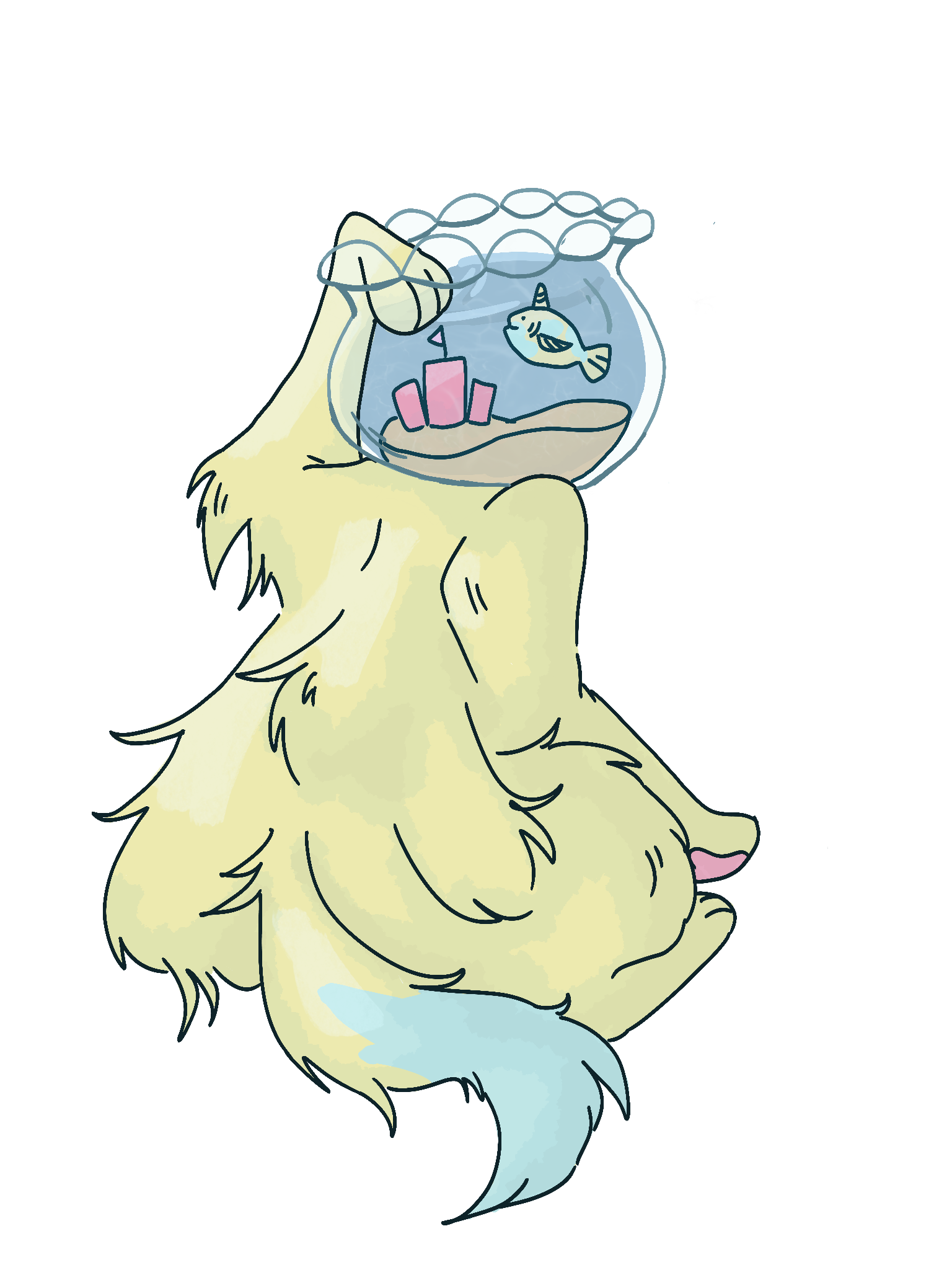 A drawing of a cat with a fishbowl head, named Fishbone, with their paw inside their fishbowl.