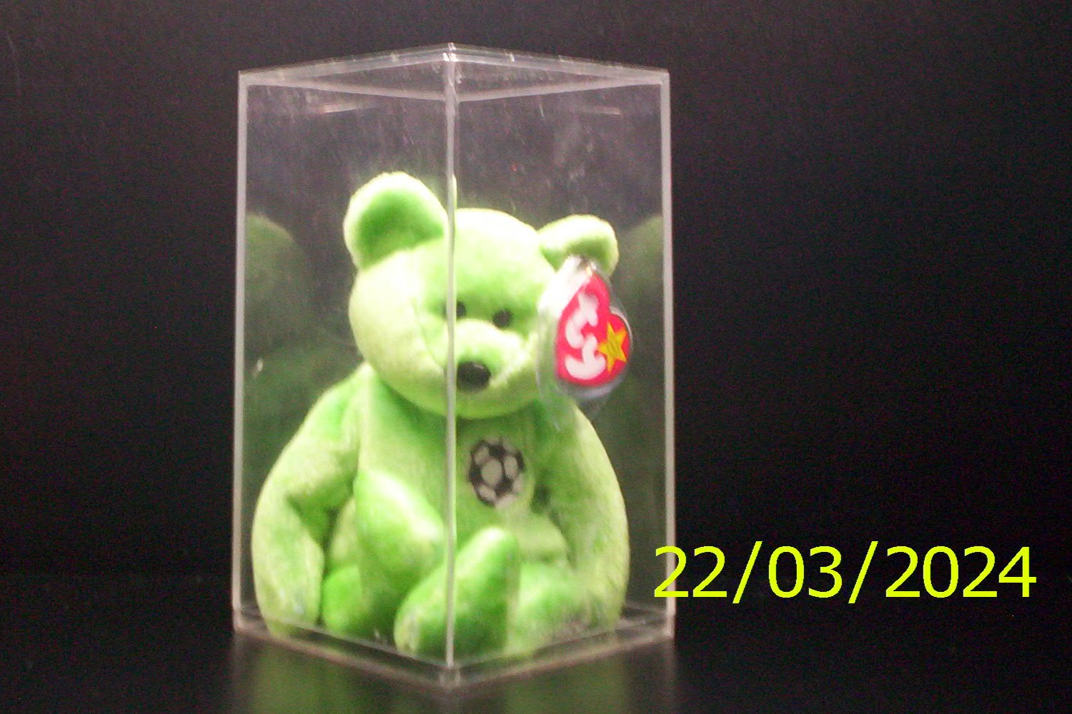 Kicks the Beanie Baby in a Ty display case.